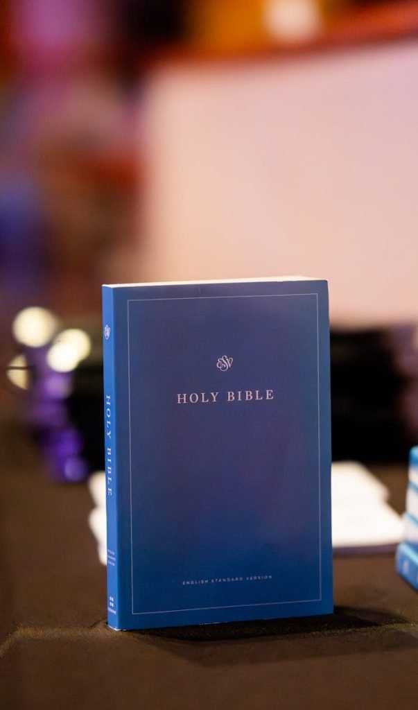 Blue Holy Bible on a table, perfect for religious themes and concepts.
