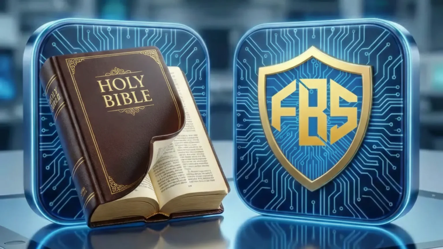 A side-by-side composite on a reflective tablet surface featuring a physical open Holy Bible on the left and the gold FBS monogram tech shield on the right against a glowing circuit background.