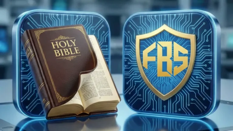 A side-by-side composite on a reflective tablet surface featuring a physical open Holy Bible on the left and the gold FBS monogram tech shield on the right against a glowing circuit background.