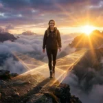 A woman confidently walking across a transparent, glowing bridge of golden light over a deep mountain canyon, symbolizing the bridge of faith.