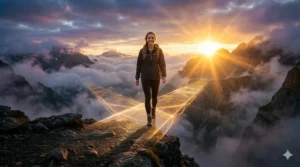 A woman confidently walking across a transparent, glowing bridge of golden light over a deep mountain canyon, symbolizing the bridge of faith.