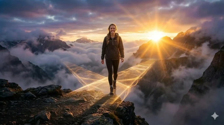 A woman confidently walking across a transparent, glowing bridge of golden light over a deep mountain canyon, symbolizing the bridge of faith.