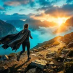 A person running on a mountain trail at sunrise, casting off a heavy cloak to represent spiritual endurance and focusing on Jesus.