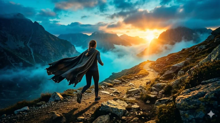 A person running on a mountain trail at sunrise, casting off a heavy cloak to represent spiritual endurance and focusing on Jesus.