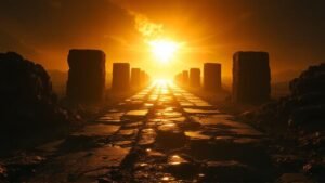 7 enemies of faith as dark shadows blocking a path toward divine light