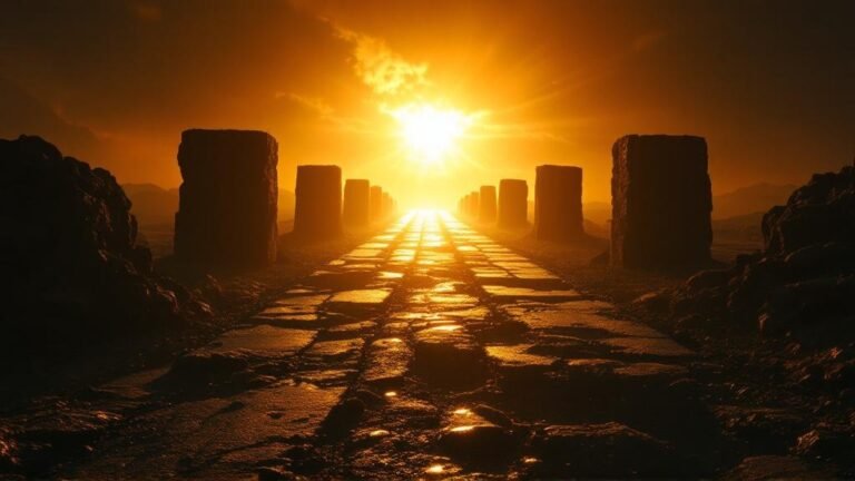 7 enemies of faith as dark shadows blocking a path toward divine light