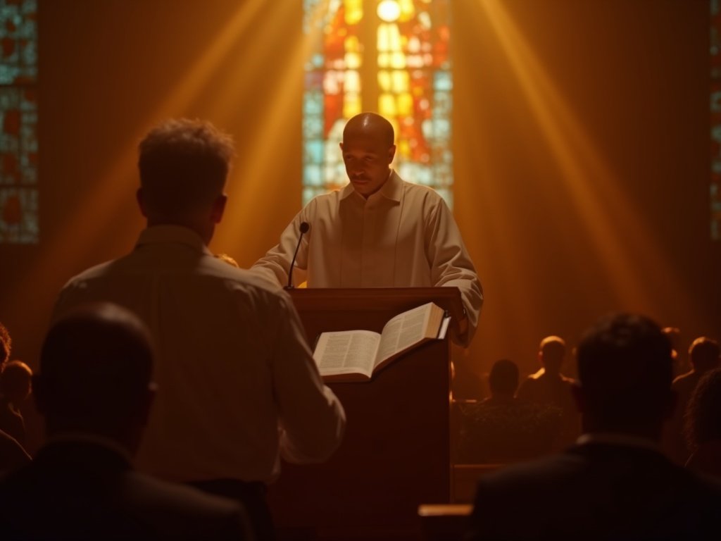 Preacher at pulpit with open Bible — the proclaimed word that produces faith