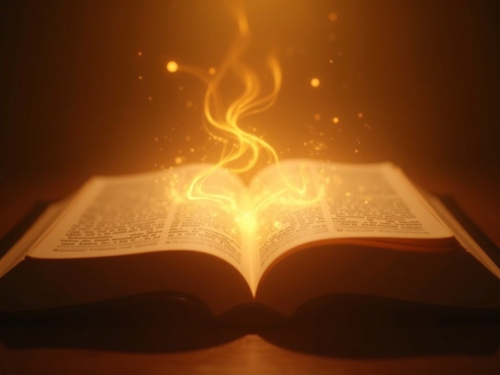 Sound waves of light from open Bible — faith comes by hearing the word