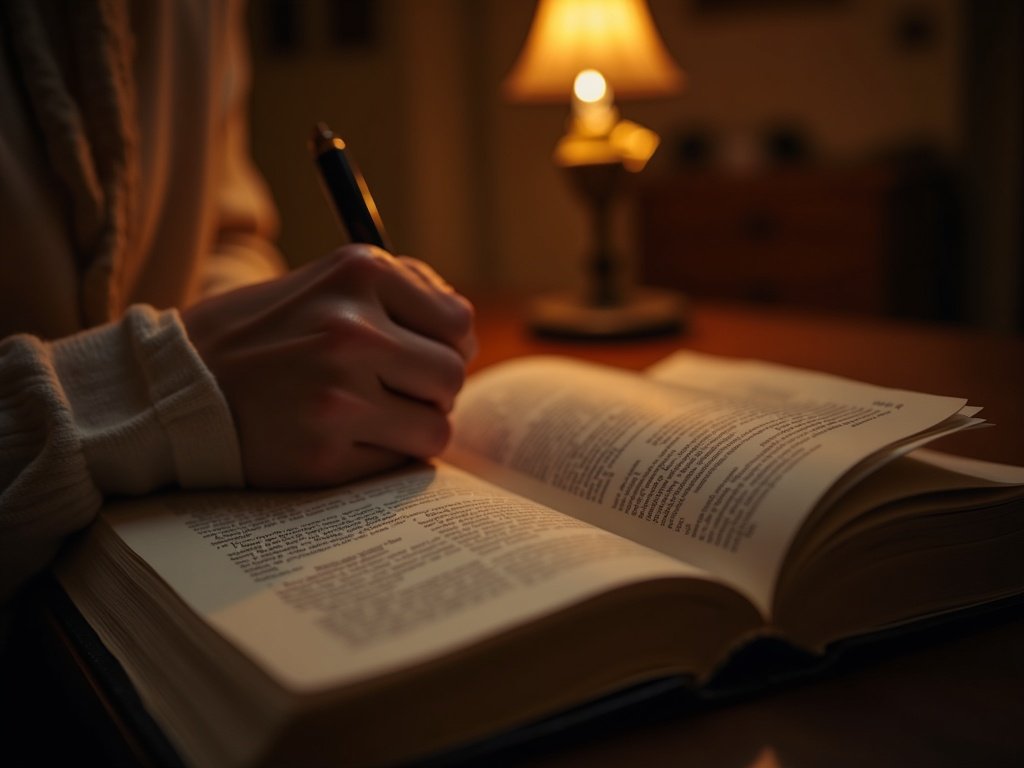 Person journaling beside open Bible — meditating on God's word to build faith