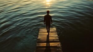 Person stepping onto water — faith vs doubt, Peter walking on the sea