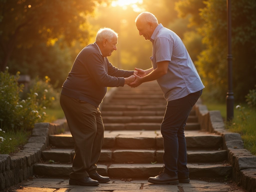 Person helping elderly man up steps — faith expressing itself through works