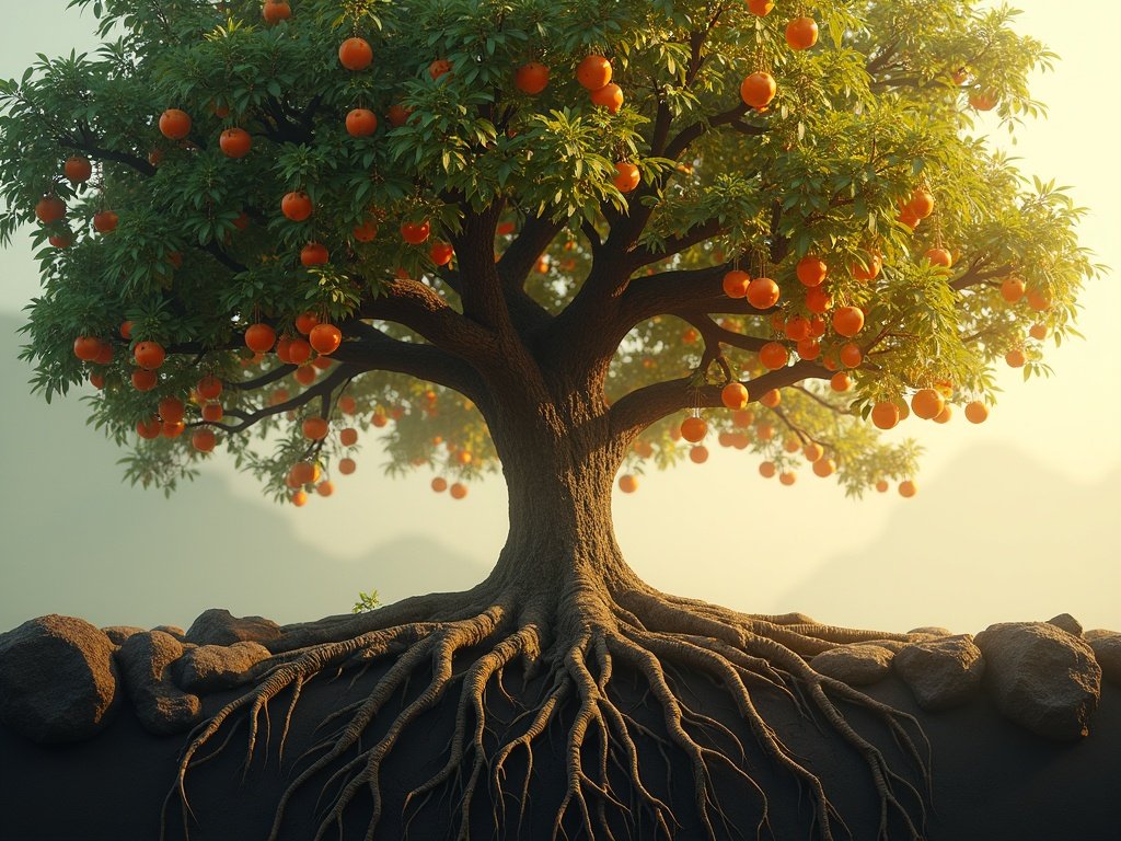 Sturdy tree with deep roots and fruit — faith rooted deep produces works
