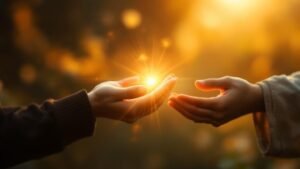 Two hands — one holding light, one serving — faith and works together