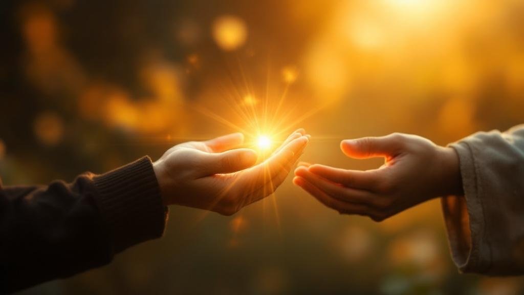 Two hands — one holding light, one serving — faith and works together
