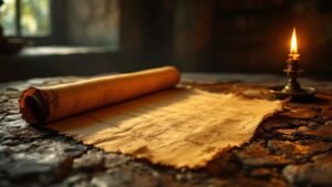 Ancient parchment scroll with oil lamp — Hebrews 11:1 the Bible's definition of faith
