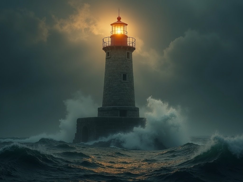 Lighthouse standing firm in storm — enduring faith that does not yield