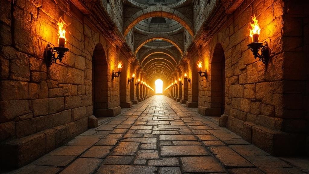 Ancient stone hall with torchlight — the hall of faith heroes in Hebrews 11