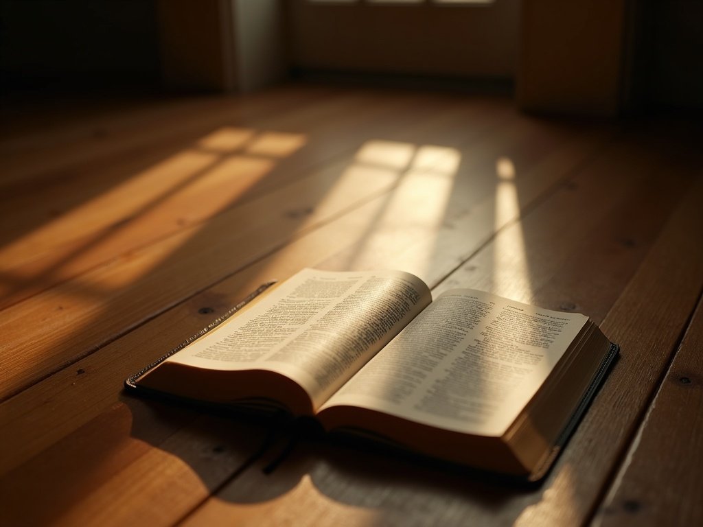 Open Bible by kneeling bench in morning light — prayer rooted in God's word