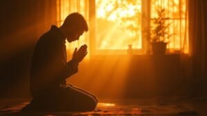 Person kneeling in prayer in morning light — how to pray for more faith