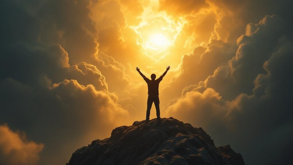 Person triumphant on mountain peak with storm breaking — overcoming the enemies of faith
