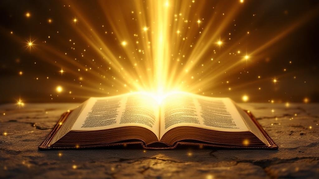 Open Bible with brilliant light radiating from the pages — the word of God is alive and active