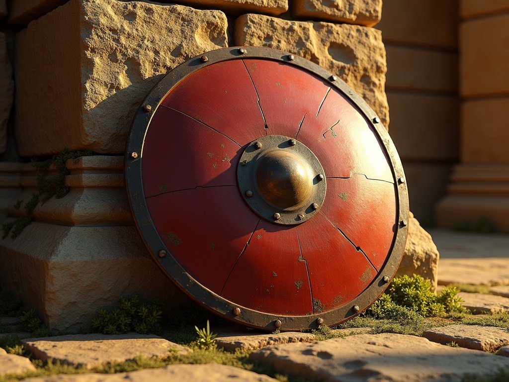 Roman soldier's shield against stone wall — the shield of faith in spiritual warfare