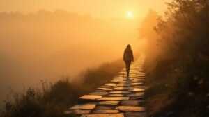 Person walking confidently through mist toward golden light — we walk by faith not by sight