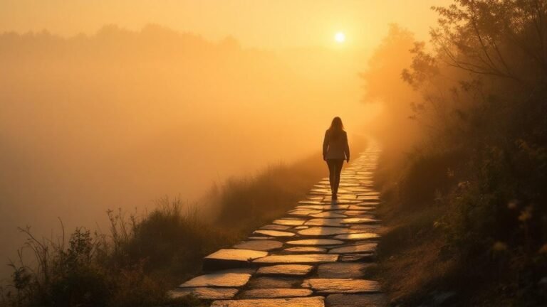 Person walking confidently through mist toward golden light — we walk by faith not by sight