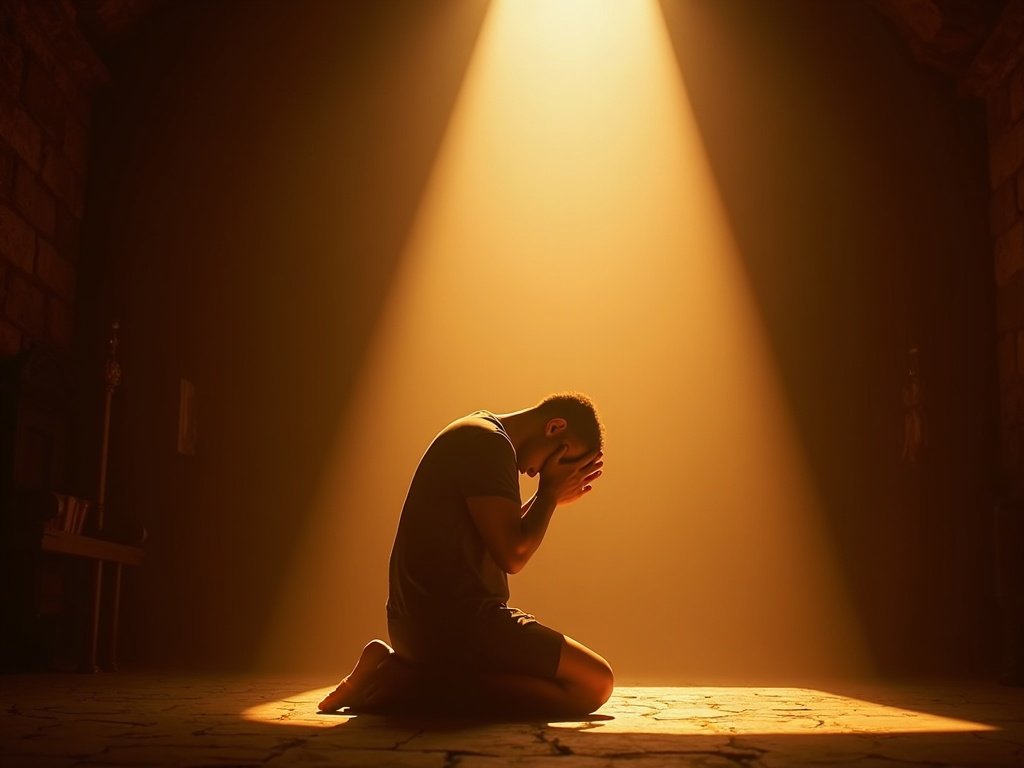 Person kneeling in prayer in chapel light — the posture of saving faith