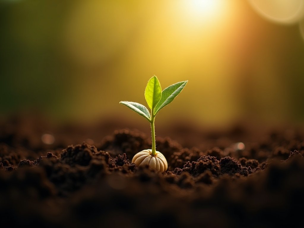 Seed sprouting through dark soil — faith growing from a small beginning