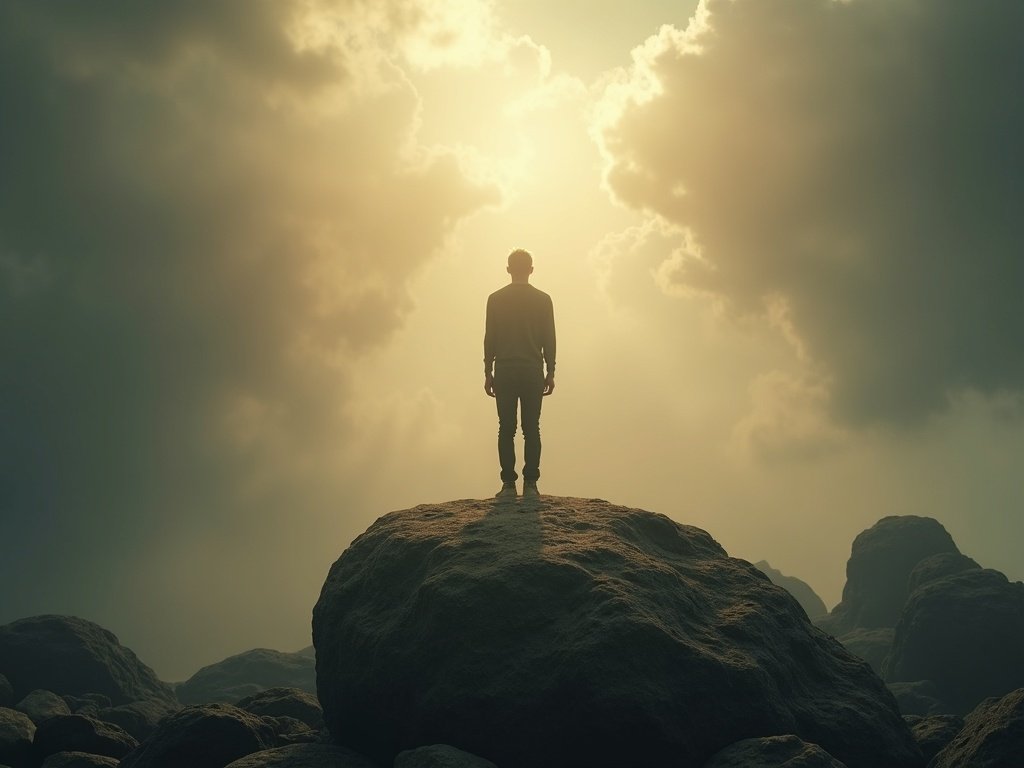 Person standing firm on rock in storm — faith that overcomes the world