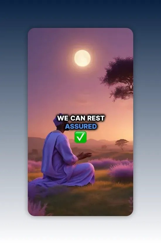Person praying or resting outdoors at dusk with text emphasizing assured rest