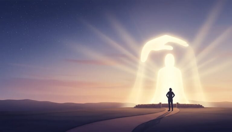 An illustrated sunrise over a calm path with a warm protective glow, symbolizing God’s watchful care day and night as described in Psalm 121.